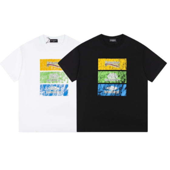 Balenciaga Tricolor Ripped Print Short-Sleeve